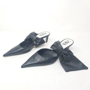 Zara Black Leather Bow Pointed Toe Mules Kitten Heels size 39